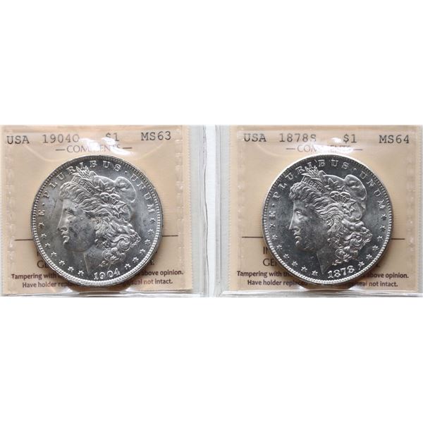 USA; 1878S $1  ICCS MS64, 1904-O $1 ICCS MS63.  Lot of 2 coins.