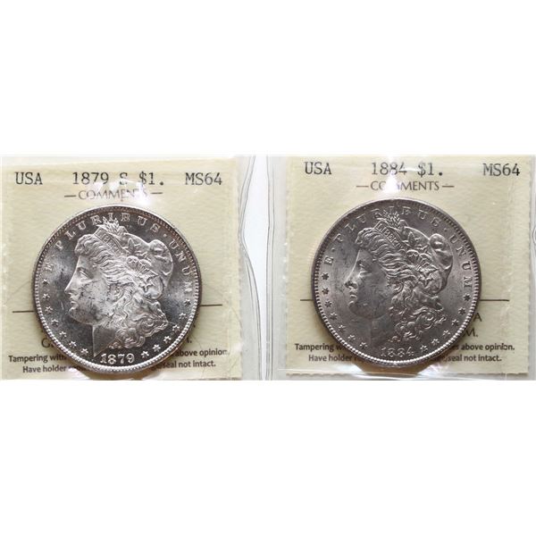 USA; 1879-S $1, 1884.  Both coins ICCS MS64