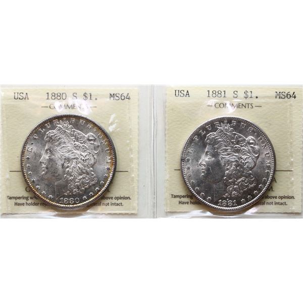 USA; 1880-S $1, 1881-S. Both coins ICCS MS64