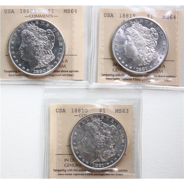 USA; 1880-S, 1881-S, 1881-O Lot of 3 coins ICCS MS63 to MS64.