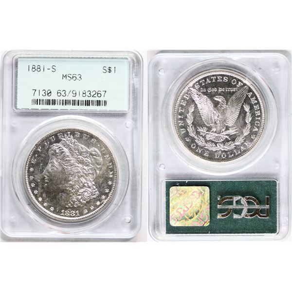 USA; 1881-S $1 PCGS MS63, Fully brilliant and lustrous.