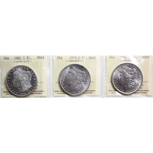 USA; 1881-S, 1882-O (2). Lot of 3 coins ICCS MS62