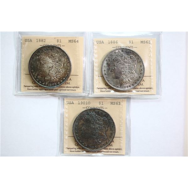 USA; 1882 $1, 1886, 1901-O All 3 coins toned and all ICCS graded MS63 & MS64.