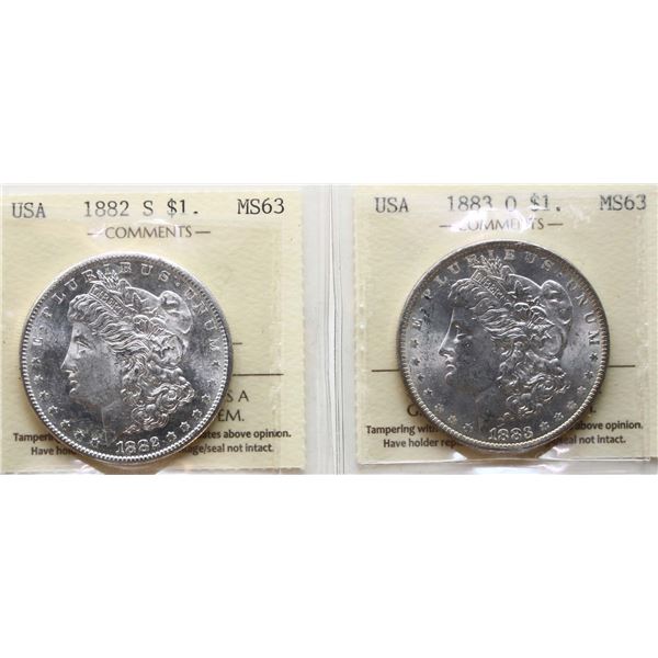 USA; 1882-O $1, 1883-O Both coins ICCS MS63