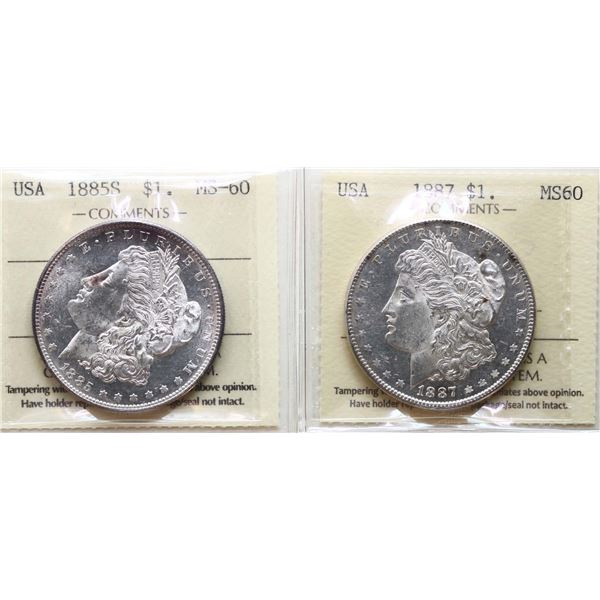 USA; 1885-S $1, 1887. Both coins ICCS MS60