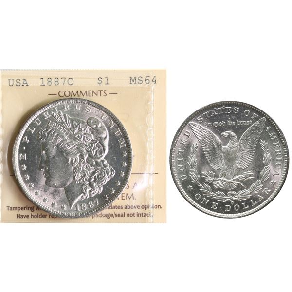 USA; 1887-O $1 ICCS MS64  Rare date.