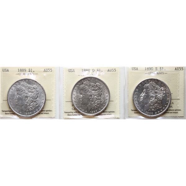 USA; 1889 $1, 1889-O, 1890. Lot of 3 coins ICCS AU55