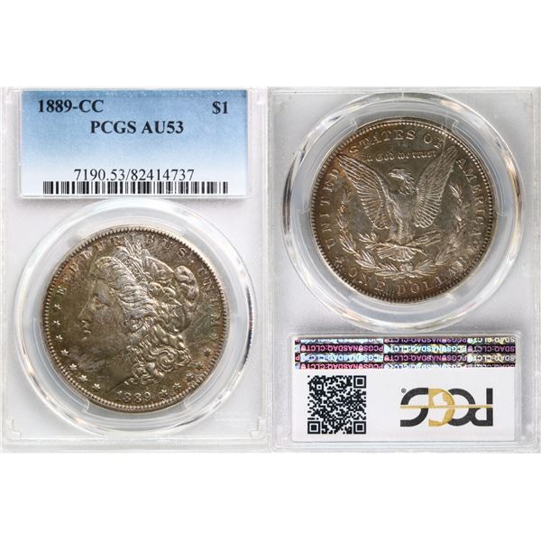 USA; 1889-CC $1 PCGS AU53.  Very rare date.  Not often seen and offered.