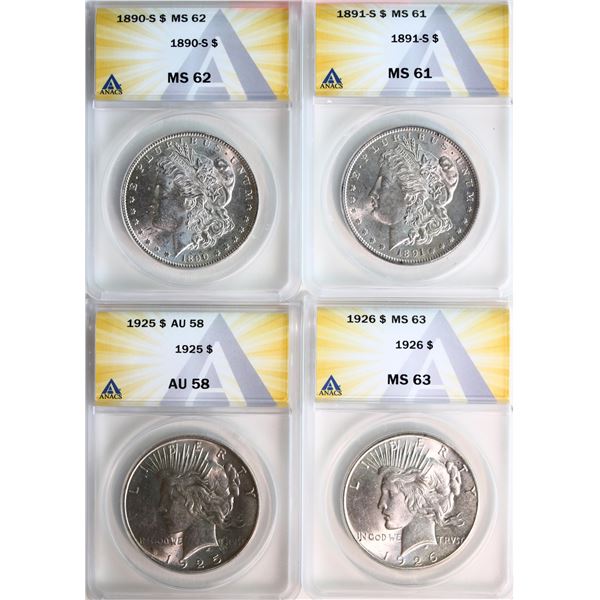 USA; 1890-S $1,1891-S, 1925, 1926. Lot of 4 coins ANACS AU58 to MS63