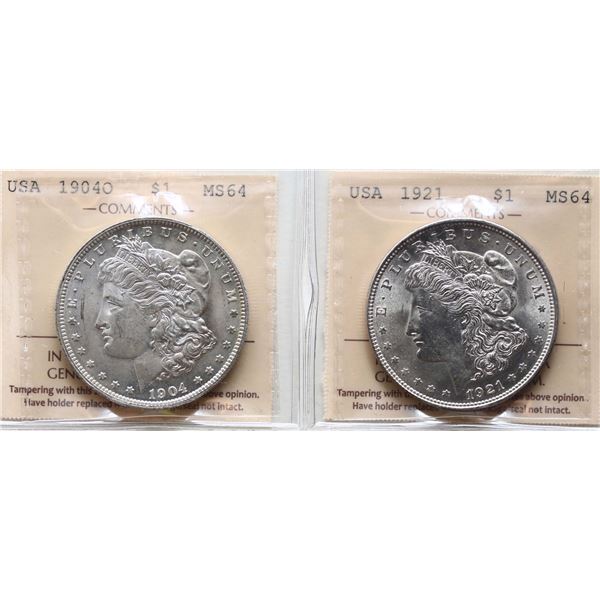 USA; 1904O $1,1921 Both coins ICCS graded MS64