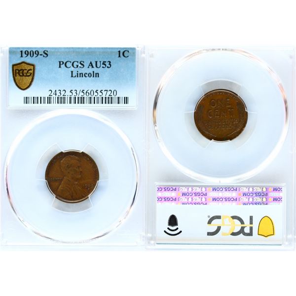 USA; 1909-S 1¢ PCGS AU53, Lustrous brown issue.