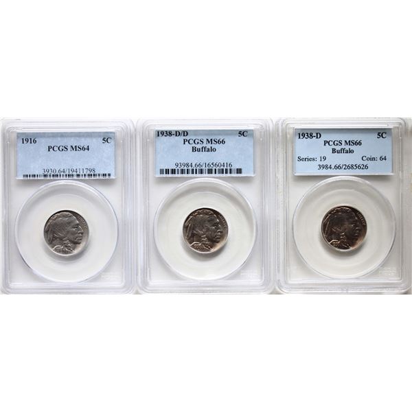 USA; 1916 5¢ Buffalo PCGS MS64,1938 D/D 5¢ Buffalo PCGS MS66, 1938 D 5¢ Buffalo series 19 coin 64 PC