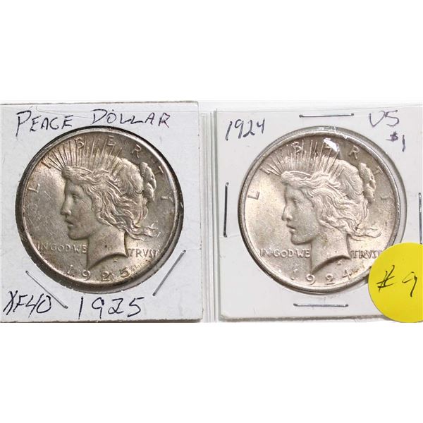 USA; 1924 $1, 1925, Both Peace Dollars in EF-AU.