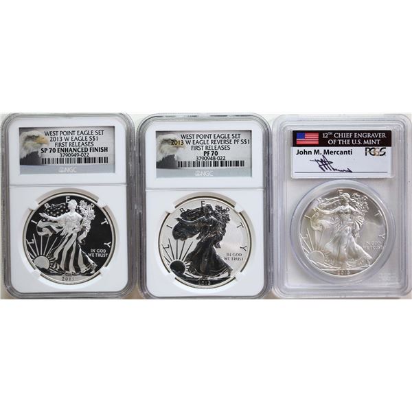 USA Silver Eagles.  Lot of 6 graded commemorative Silver coins.  Tax Exempt.
