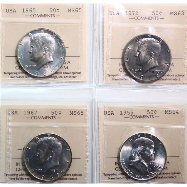 USA; 1955 50¢, 1965, 1967, 1972. All 4 coins ICCS MS63 to MS65