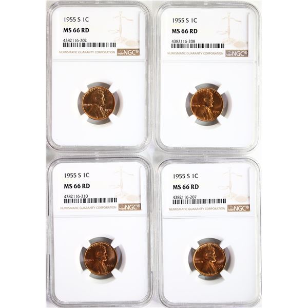 USA;  1955-S 1¢ NGC MS66RD.  Lot of 4 full red examples.