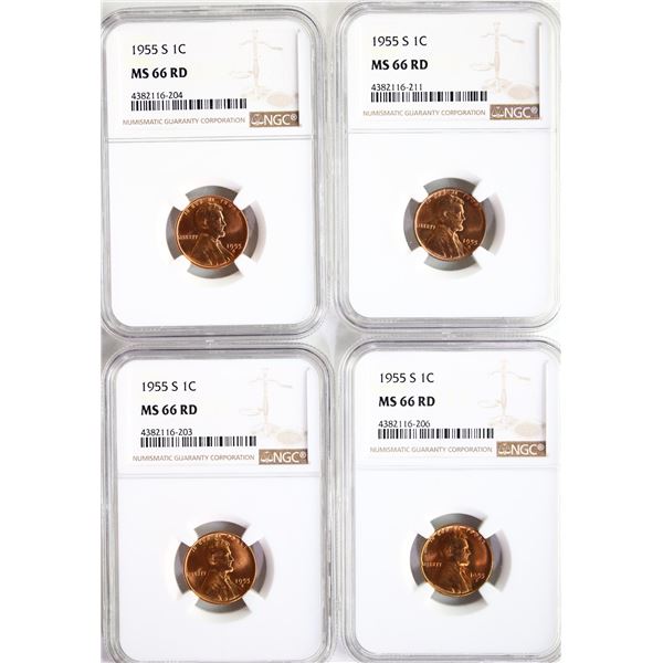 USA;  1955-S 1¢ NGC MS66RD.  Lot of 4 full red examples.