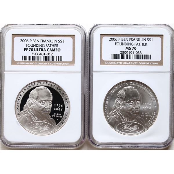 USA; 2006 $1 Ben Franklin, both coins NGC graded MS70 & PF70 Ultra Cameo