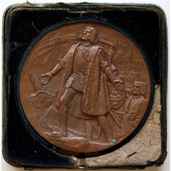 USA; 1893 Columbian Expo Medal Copper, 76mm housed in original but battered case of issue.  Medal is
