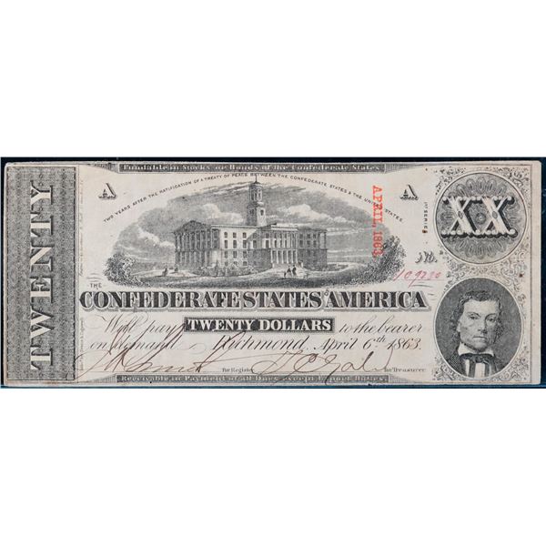USA ConfederateStates of America Banknote;  1863 $20 Richmond.  VF+ example.