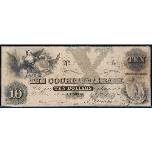 USA Oboslotete Banknote;  Cochituate Bank (Boston) 1849 $10 - Large Grey X.  VF+ for issue.
