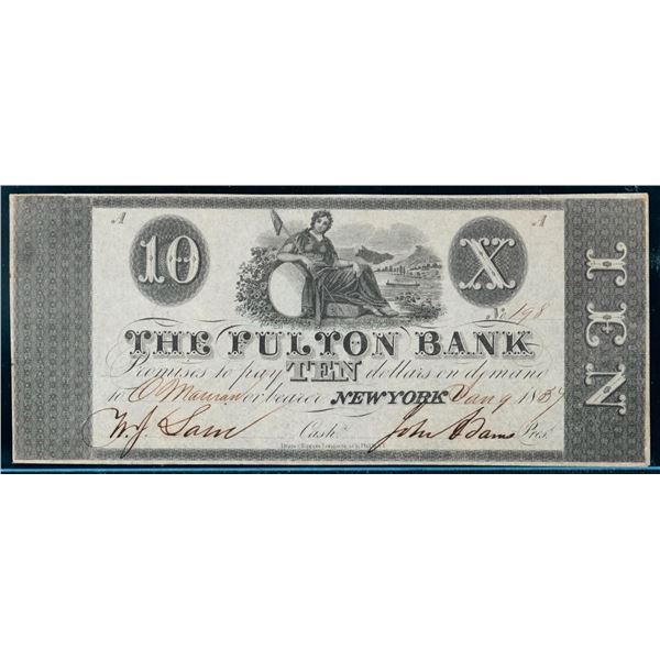 USA Oboslotete Banknote;  Fulton Bank (NYC) 18__ $10 #198 w/Seated Maid.  EF+ for issue.