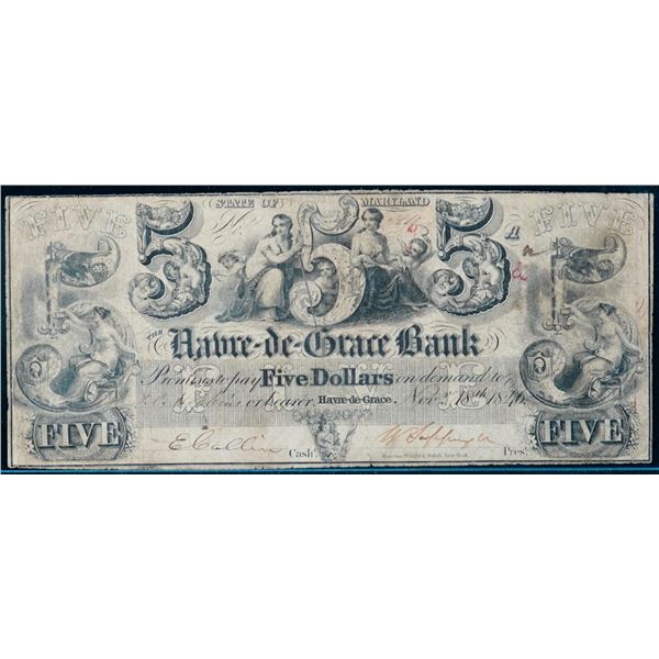 USA Oboslotete Banknote;  Havre-de-Grace Bank (Havre-de-Grace) 1846 $5.  VF for issue.