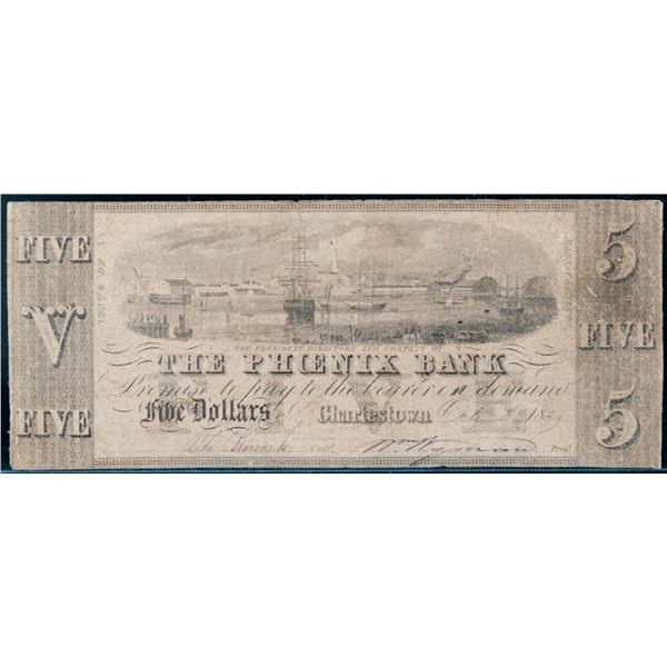 USA Oboslotete Banknote;  Phoenix Bank (Charlestown) 1839 $5 - Harbour Scene.  VF for issue.