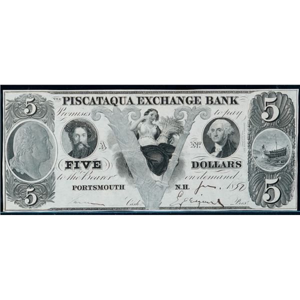 USA Oboslotete Banknote;  Piscataqua Exchange Bank (Portsmouth) 18__ $5, seated maid.  UNC example.