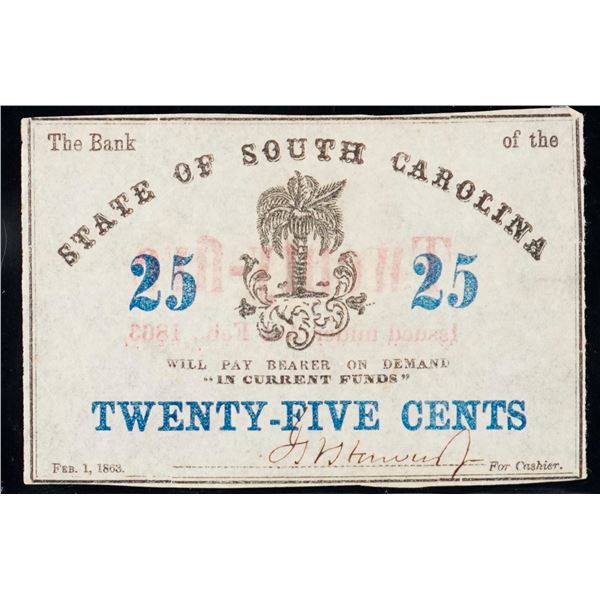 USA Oboslotete Banknote;  State of South Carolina (w palmetto tree) 1863 25¢.  EF example.