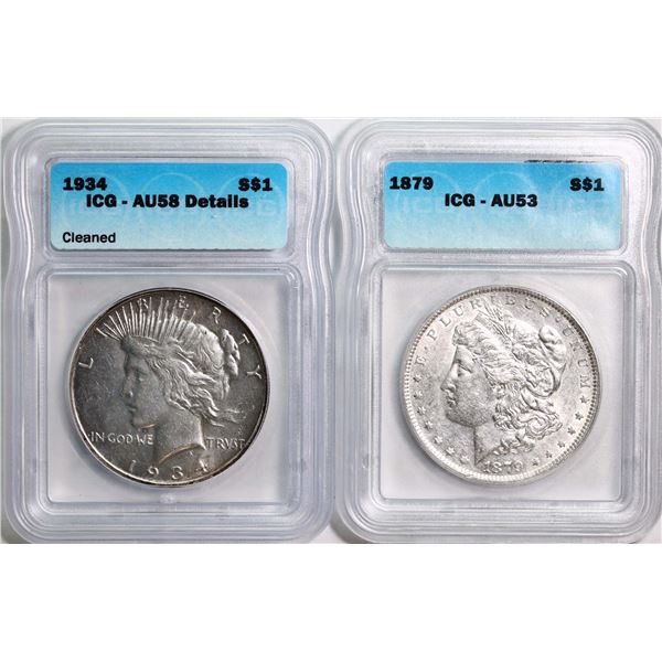 USA;  1898 $1, 1879 1$ ICG AU 53, 1921 $1,  1934 $1 ICG AU58 Dtails.  Lot of 4 coins.