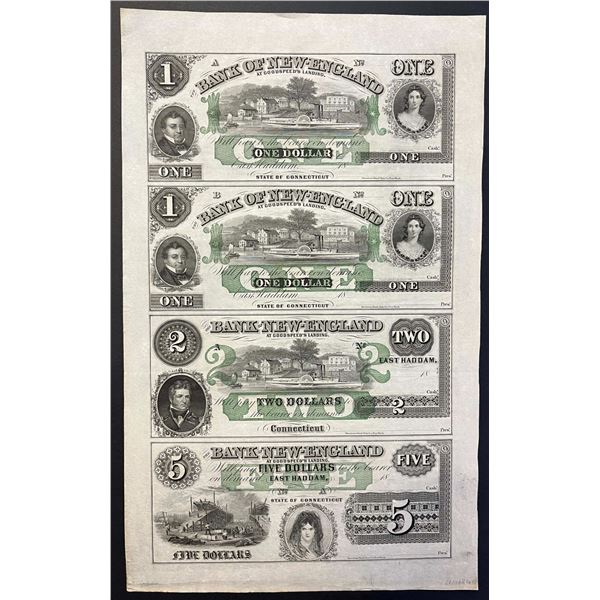 USA;  Bank of New England Uncut Sheet of 4 notes 18__ $1(2), $2 & $5 issues.