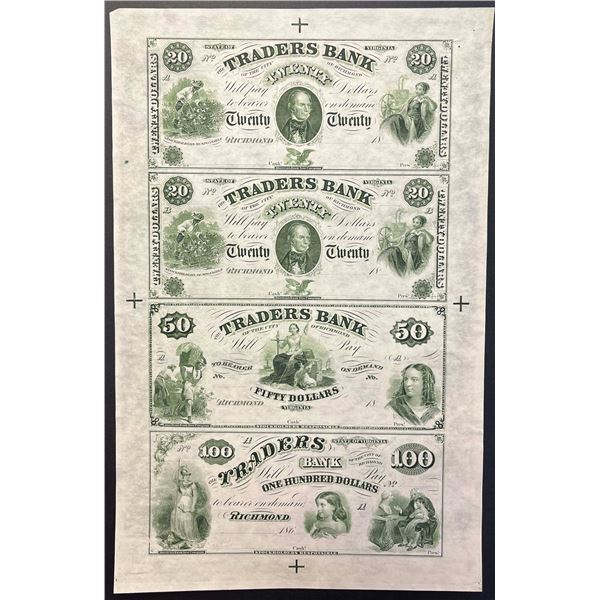 USA;  The Traders Bank Uncut Sheet of 4 notes 18__ $20(2), $50 & $100 issues.