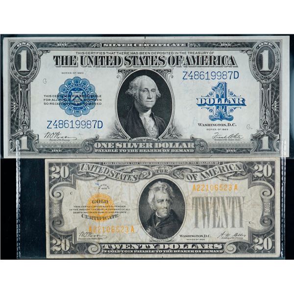 USA; 1923 $1 "Blue seal", 1928 $20 "Gold certificate" Both notes Fine to VF+.