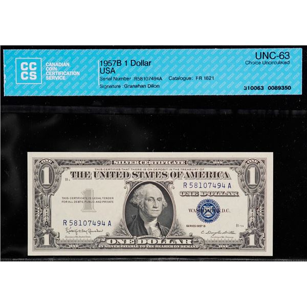 USA; 1957B $1 FR;1621 #R58107494A-7498A - Granahan Dillon.  Lot of 5 consecutive notes CCCS UNC63