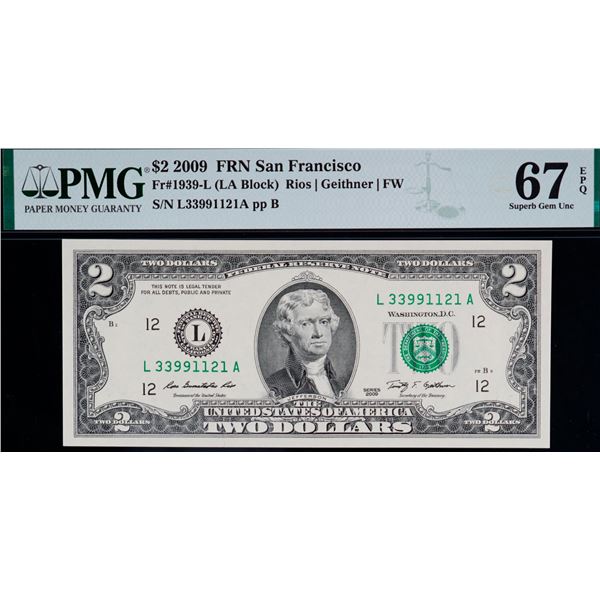 USA; 2009 $2 FR#1939-L #L33991121A PMG UNC67