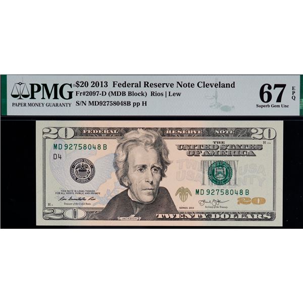 USA; 2013 $20 FR#2097-D #MD92758048B PMG UNC67
