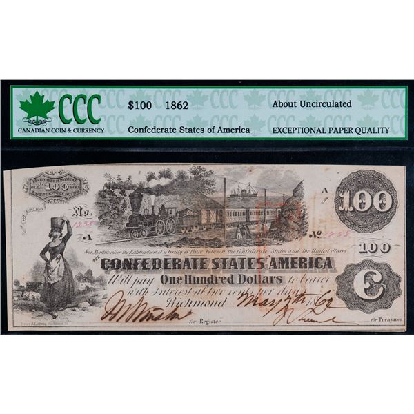 USA; Confederate States of America 1862 $100 #1238 CCC AU.