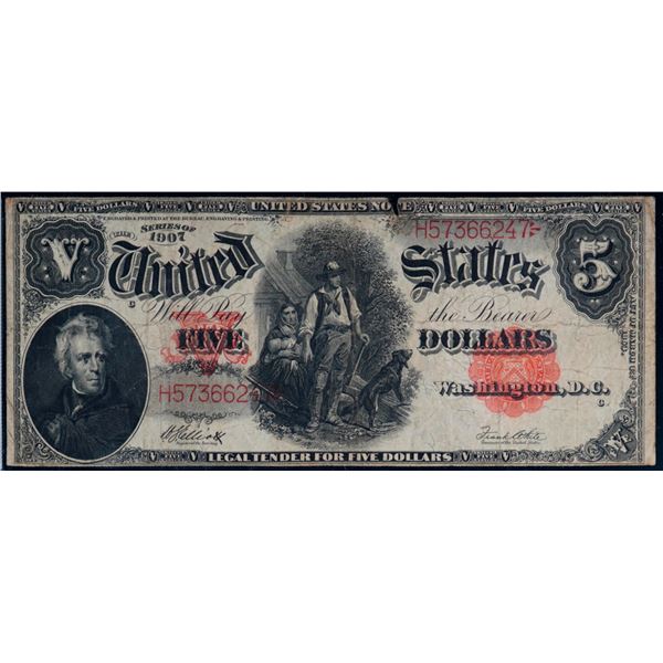 USA:  1907 $5 Fr.90 #H5736624Z "Woodchopper" Legacy Very Fine-20 with issues.