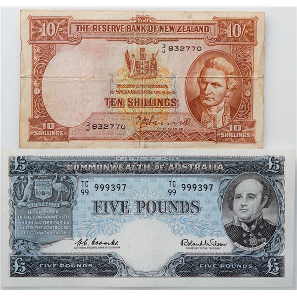 Australia; 1954-1959 £5 Coombs-Wilson QEII Reserve Bank. R-50. Flattened gEF. New Zealand 10/- ND (1