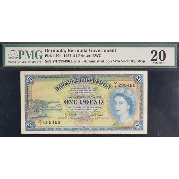 Bermuda;  1957 £1 #Y/I299490, PMG VF20 w/no Security Strip.
