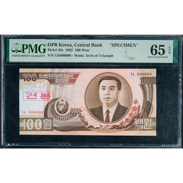 DPR Korea; 1992 100 Won #GS000000 Pick#43s - SPECIMEN PMG UNC65EPQ.  Wmk: Arch of triumph