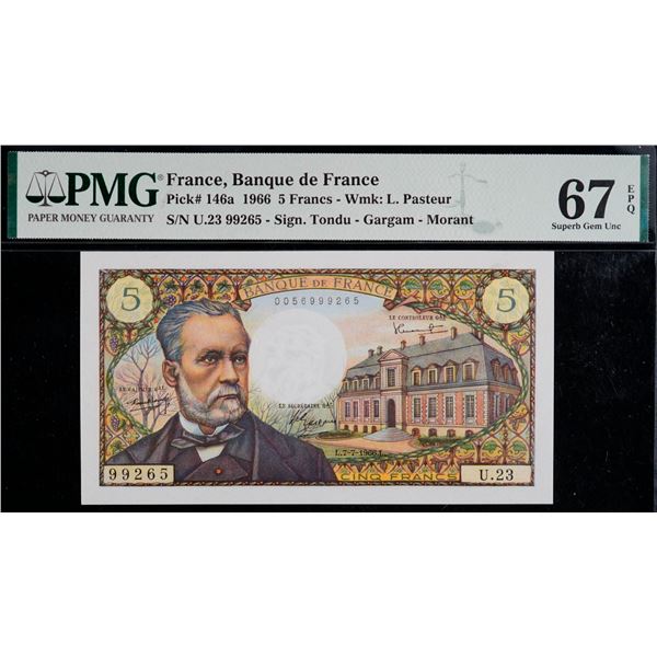 France;  1966 5 Francs P#146a, PMG Superb Gem Uncirculated-67EPQ.