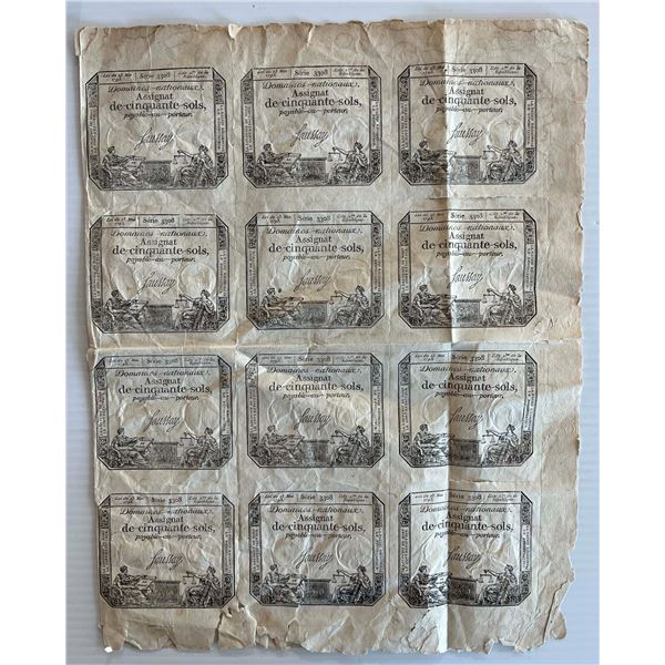 France; 1792-1793 Original Uncut Sheet of 20 Assignat de Cinquante Sols Payable au Porteur. Lots of 