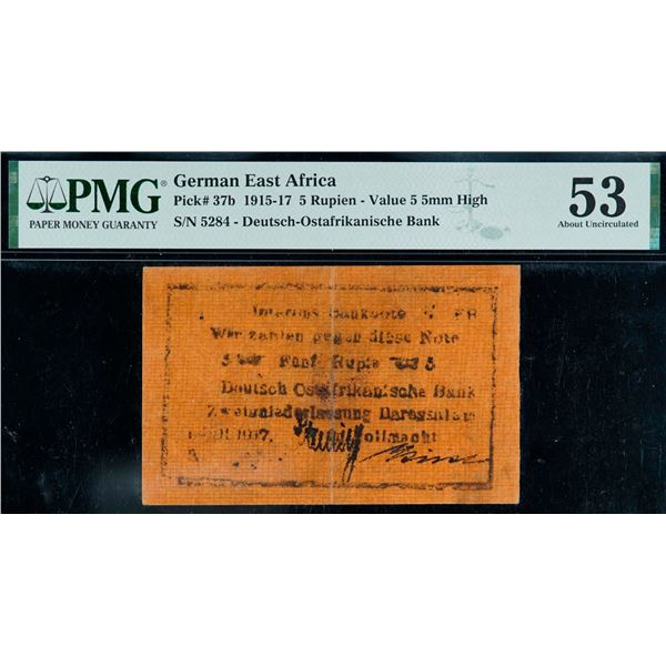 German East Africa; 1915-17 5 Rupien Pick #37b #5284 -  Deutsch-Ostafrikanische Bank, PMG AU53