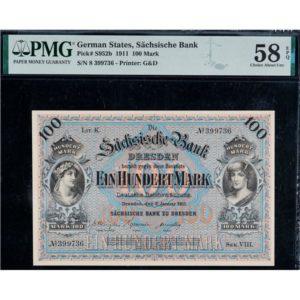 German States; 1911 100 Mark , Pick #S952b #8 399736 - Printer G&D PMG AU58EPQ