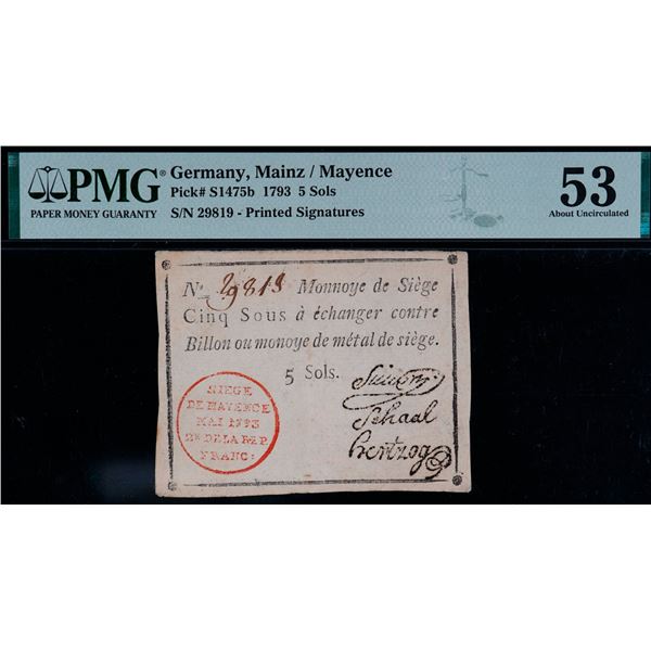 Germany; 1793 5 Sols Pick# S1475b - Printed Signatures, PMG AU53