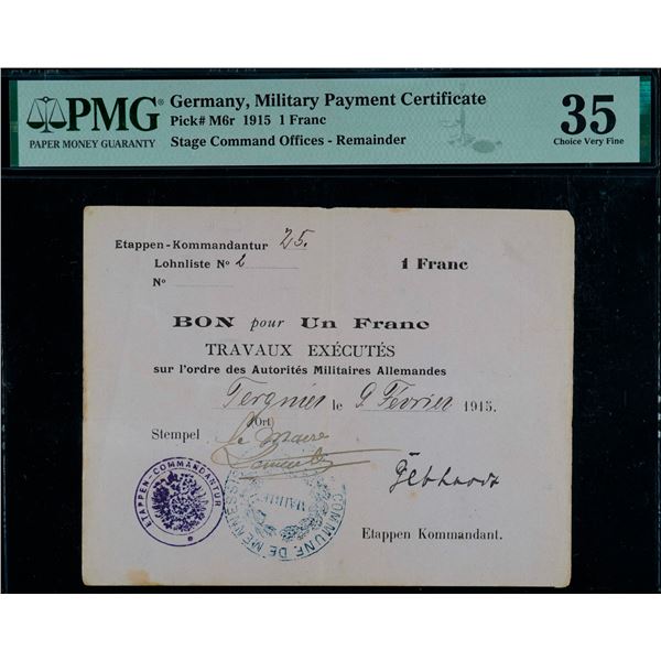 Germany; 1915 1 Franc Pick #M6r Stage Command Offices - Remainder, PMG VF35