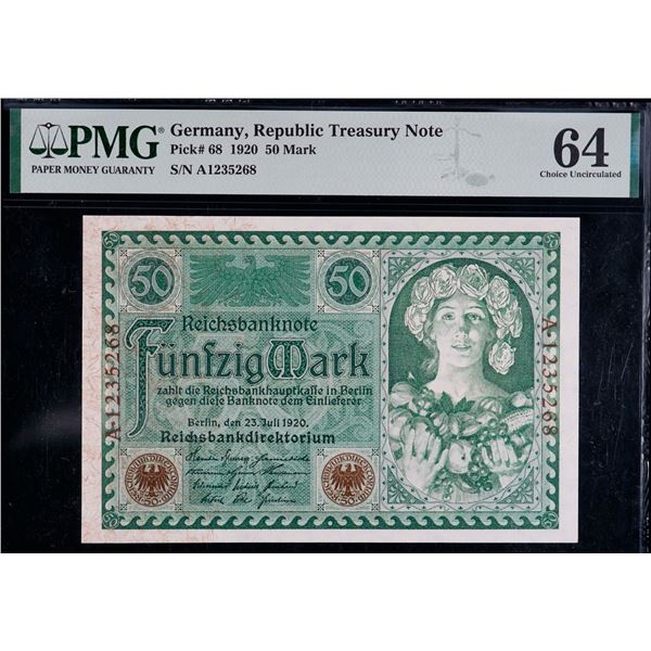 Germany; 1920 50 Mark Pick #68 #A1235268, PMG UNC64