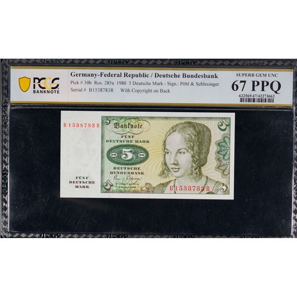 Germany; 1980 5 Deutsche Mark - Pick#30b, Ros.285a PCGS UNC67PPQ